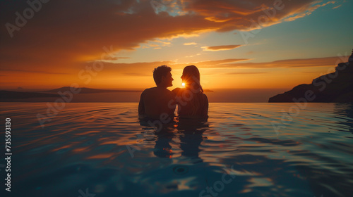 couple on the beach looking sunset over the ocean from the pool