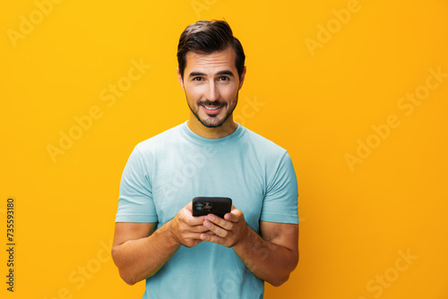 Man cyberspace smiling communication copy space yellow mobile phone happy smartphone portrait phone © SHOTPRIME STUDIO