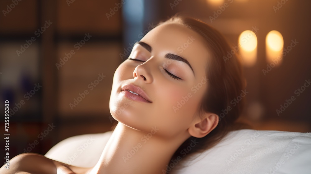Close up of a beautiful young woman relaxing on massage spa treatment on blurred bright salon background Close up of a beautiful young woman relaxing on massage spa treatment on blurred bright salon background