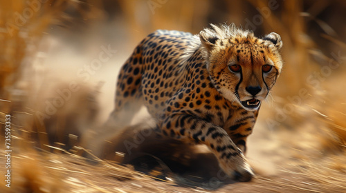 Closeup of a cheetahs spotted coat the individual hairs standing on end as it sprints towards its prey.