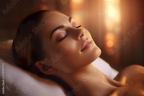 Close up of a beautiful young woman relaxing on massage spa treatment on blurred bright salon background