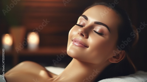 Close up of a beautiful young woman relaxing on massage spa treatment on blurred bright salon background