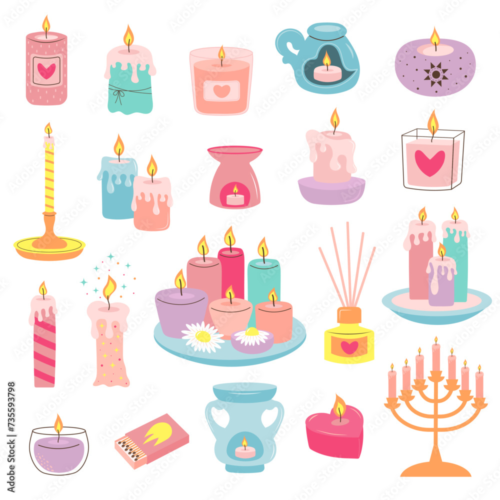 Set of scented wax burning candles, aromalamps for aromatherapy, relax and spa. Hygge time. Hand drawn trendy vector collection. Set of scented wax burning candles, aromalamps for aromatherapy, relax and spa. Hygge time. Hand drawn trendy vector collection.