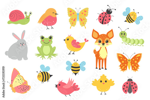 Cute spring animals set. Insects, birds and animals found in nature. Cartoon flat vector illustration.