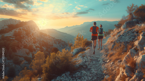 Young people trail running on a mountain path. Two runners working out in the morning at sunrise in nature photo