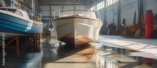 A vintage wooden boat stored in a spacious industrial garage with tools and equipment photo