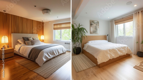 A before and after comparison of a bedroom renovation with the new design incorporating sustainable bamboo flooring and organic cotton bedding recommended by Sustainable Building © Justlight