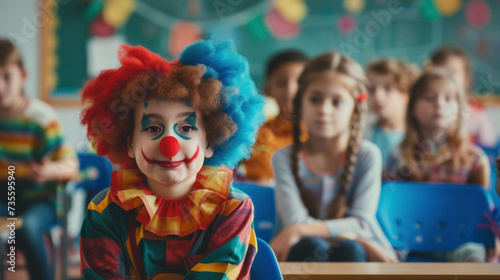 The class clown. A student in elementary school sitting in the front row of a classroom and dressed as a clown.
