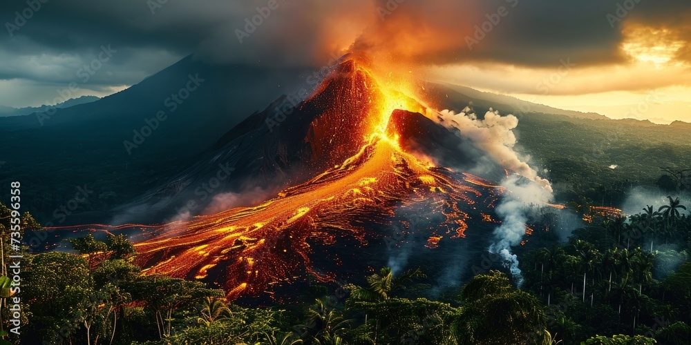 Volcanic eruption in Costa Rica, surrounded by rainforest, Generative AI 