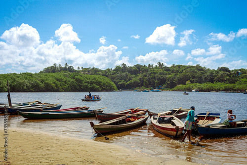 Caraíva, Porto Seguro - Ba. Wooden fishing boats moored in Caraíva, a coastal and riverside community. © JooAntnio