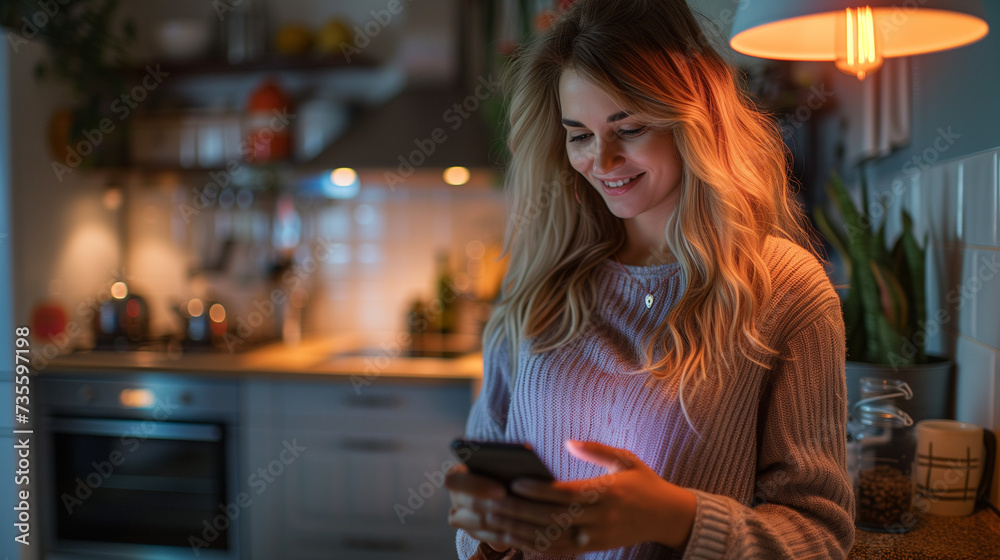 Women with mobile phone monitoring home electricity usage with mobile apps, people checking energy usage to save electricity bills, and energy transition Women with mobile phone monitoring home electricity usage with mobile apps, people checking energy usage to save electricity bills, and energy transition