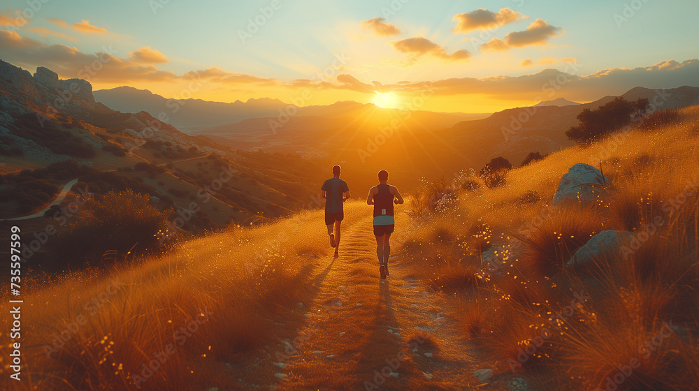 Obraz premium Young people trail running on a mountain path. Two runners working out in the morning at sunrise in nature