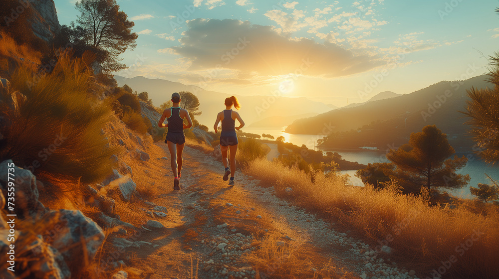 Young people trail running on a mountain path. Two runners working out in the morning at sunrise in nature forest ocean mountain