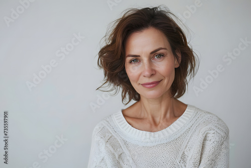 Portrait of happy mid 40s woman wear white sweeter looks in camera isolated on white background