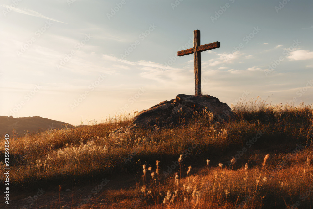 Religious cross on the background of a bright sunset. The concept of religion and faith. Christianity. Generative AI. - obrazy, fototapety, plakaty 
