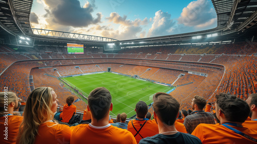 supporters of the Dutch football team in a football stadium, supporters of the Netherlands in a stadium, fans at a soccer game, EK or world cup concept