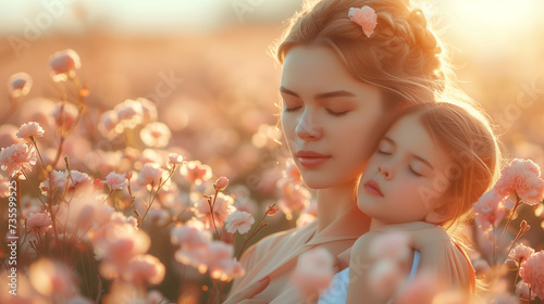 woman with child in a flower field at sunset, Mother day concept, mother day background