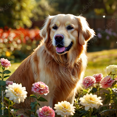 Beautiful Golden Retriever posing with a bouquet of flowers in a sunlit garden.