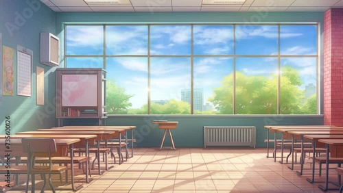 Animated illustration of a blackboard in a classroom with an educational theme. Digital painting or cartoon anime style, animated background. 4k loop background.