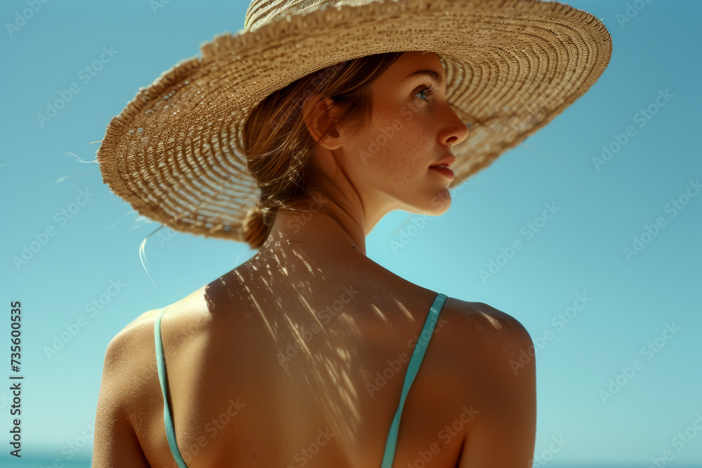 A woman in a hat is on the beach . summer vacation concept. nice weather, blue sky. Generative AI