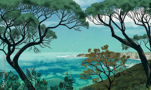 an illustration of an island paradise cove with beautiful foliage and flowers framing the scene