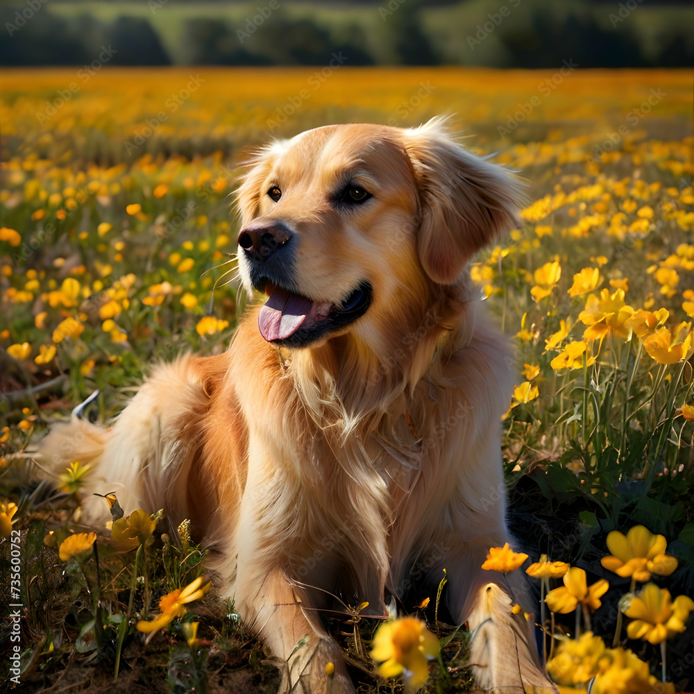 Φωτογραφία Golden Retriever sitting attentively in a field of blooming flowers, embodying loyalty and companionship
