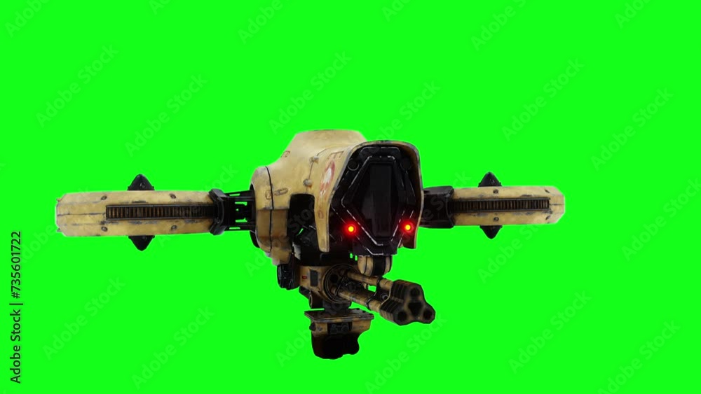 Flying military, war droid, bot with gun. Green screen. Flying military, war droid, bot with gun. Green screen.