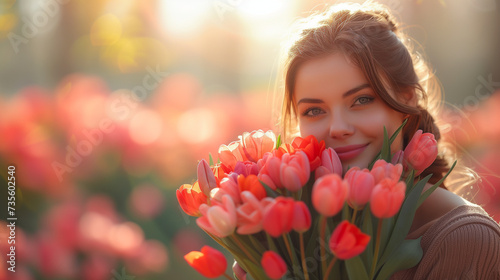 woman in the park with tulip flowers, Mother day concept, mother day background #735602540