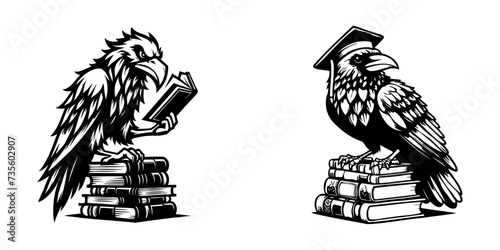 Set of raven sitting on a book stack, education concept, vector illustration.