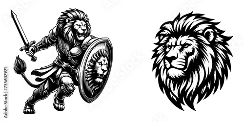 Set of angry warrior lion with sword, jungle powerful king silhouette, vector illustration.
