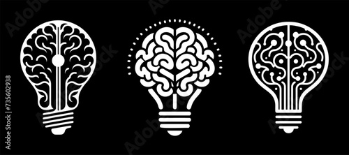 Set of a lightbulb with human brain, innovation symbol, creative thinking, idea concept, vector illustration.
