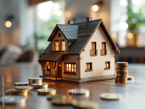 A detailed miniature house model next to a coin holder filled with coins of various denominations symbolizes financial resources and savings