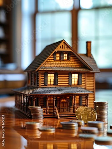 A detailed miniature house model next to a coin holder filled with coins of various denominations symbolizes financial resources and savings
