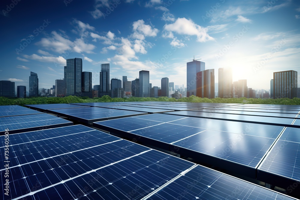 Solar panels on a roof in the city. Green rooftop garden with renewable ...