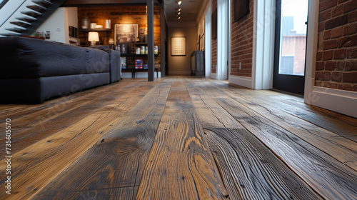 A detailed shot of the stunning reclaimed oak hardwood flooring adding warmth and character to this ecoconscious renovation. photo