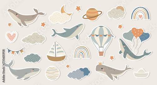 Hand drawn stickers with whales, clouds, rainbows, ships. Vector illustration for cards, wall, scrapbooking © Myurenn