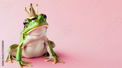 A vibrant green frog wearing a crown on pastel pink background, happy leap day, leap year concept
