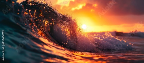 A beautiful sunset on the horizon with a majestic wave breaking in the ocean