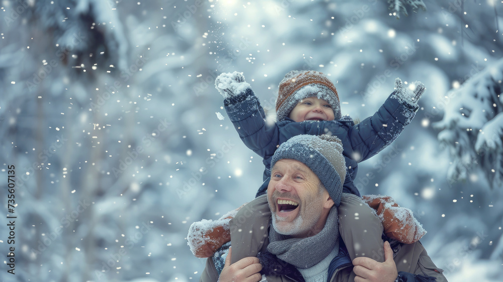 Joyful Winter Fun with Dad and Child Giving Son Piggyback Ride and Playing in the Snow Celebrating Family Bonding and Playful Snowy Adventures, Father's Day Concept Joyful Winter Fun with Dad and Child Giving Son Piggyback Ride and Playing in the Snow Celebrating Family Bonding and Playful Snowy Adventures, Father's Day Concept