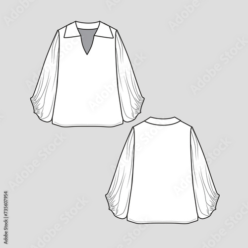 Gathering Balloon Sleeve top Collar Neck gathering lantern sleeve Fashion design template flat sketch drawing