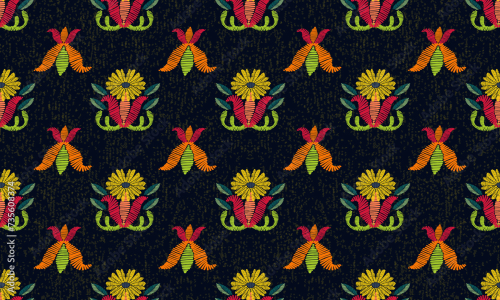 Floral paisley embroidery on black background.Ikat ethnic oriental pattern traditional. Ethnic pattern style. Design for ikat, blanket, fabric, clothing, carpet, textile, ethnic, batik, embroidery. Floral paisley embroidery on black background.Ikat ethnic oriental pattern traditional. Ethnic pattern style. Design for ikat, blanket, fabric, clothing, carpet, textile, ethnic, batik, embroidery.