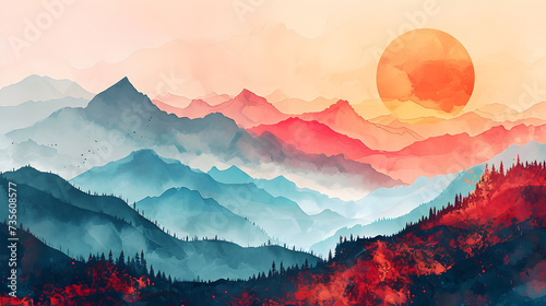 illustration with the drawing of a Sunrise Over