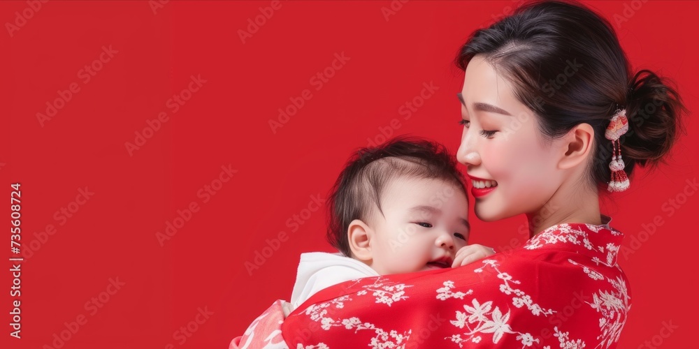 Happy mother hugging her adorable baby on red background. Happy mother day with copy space, Loving mom carying her newborn baby Happy mother hugging her adorable baby on red background. Happy mother day with copy space, Loving mom carying her newborn baby