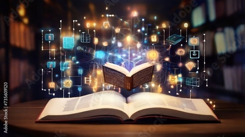 Digital books opening with AI elements showing AI in education. Integration of AI in transforming traditional educational materials into interactive learning experiences.