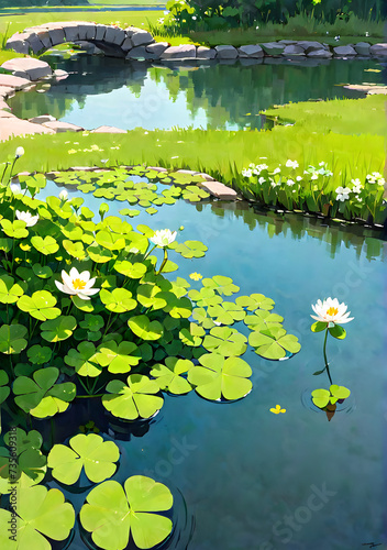 Four-leaf clover in full bloom next to the pond. Generative AI