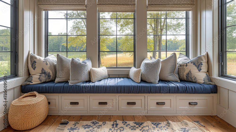 A charming window seat nook complete with custom trim work and builtin storage providing the perfect spot for relaxation and reading. - obrazy, fototapety, plakaty 