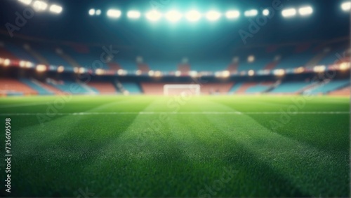 Soccer field with lights and stadium background. Generative AI.