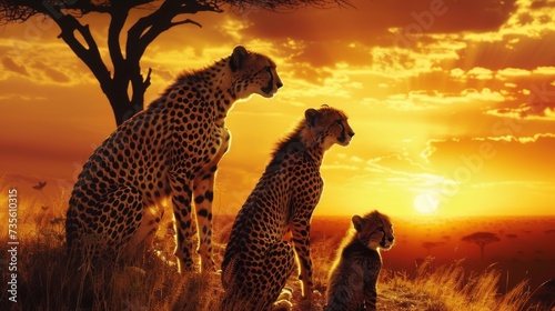 Serene Cheetah Family Silhouettes at Golden Savannah Sunset AI Generated.