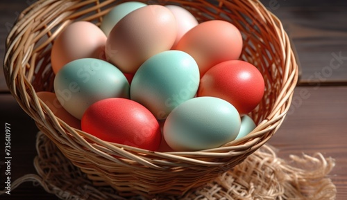 Basket with colorful Easter eggs on a wooden background.