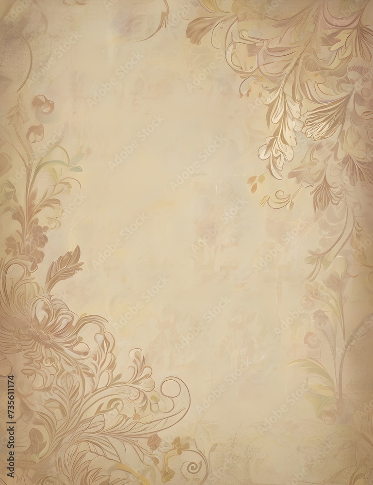 soft pastel color beige background parchment with a thin barely noticeable floral ornament, wallpaper copy space, vintage design Generative AI